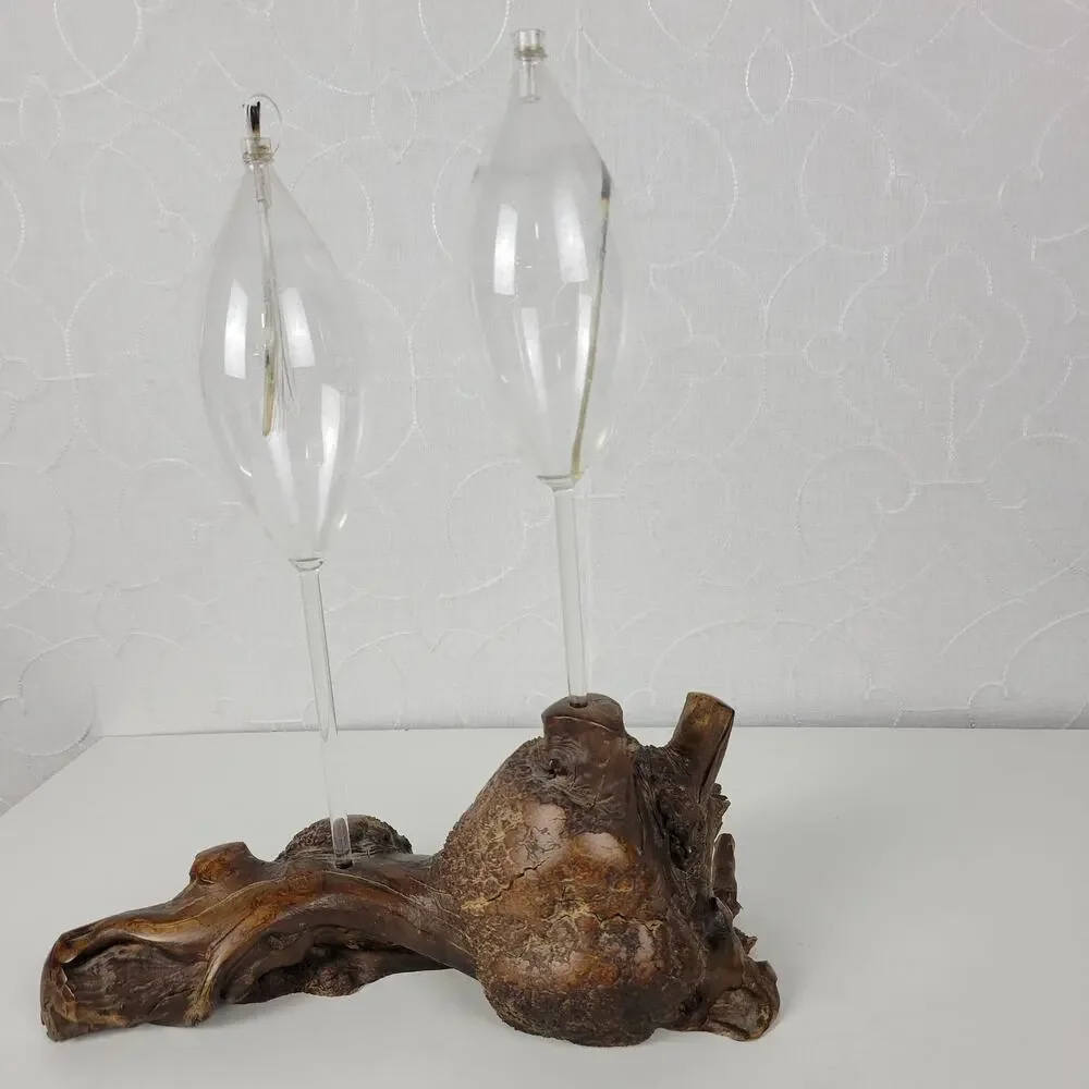 Vintage Burl Root Oil Candle Lamp Glass Lantern Wood Base Retro MCM Decor